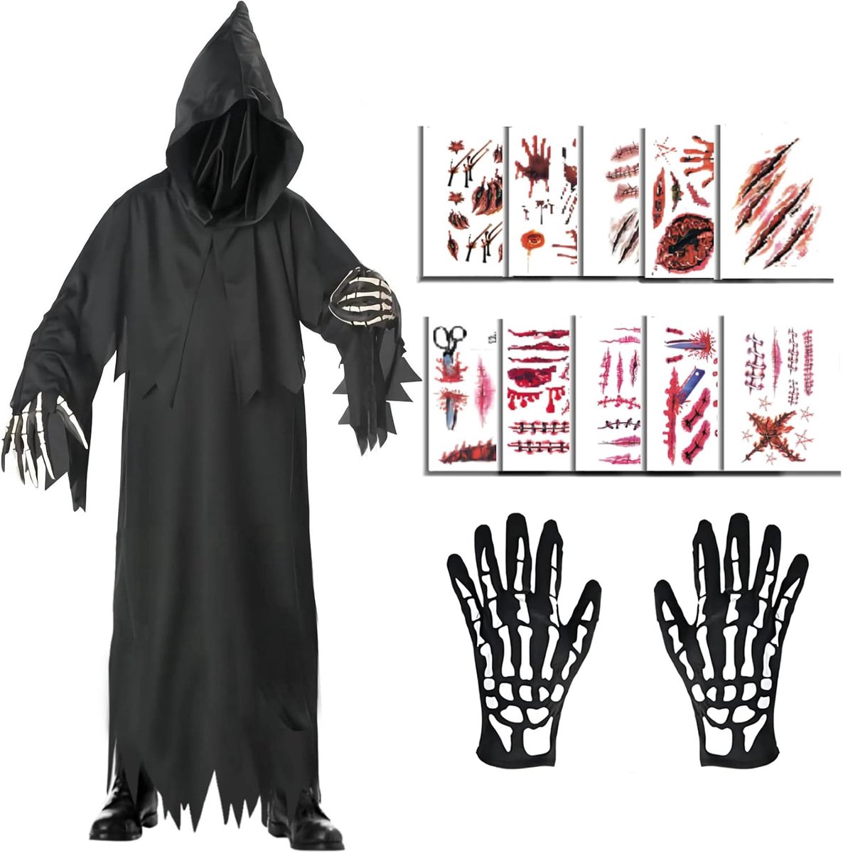 Halloweenkostuum voor heren, gewaad van de zeisman met gemaskerde handschoenen, Halloweenkostuum, volwassenen, uniseks, Halloween, rollenspel, met 10 Halloween tattoo's