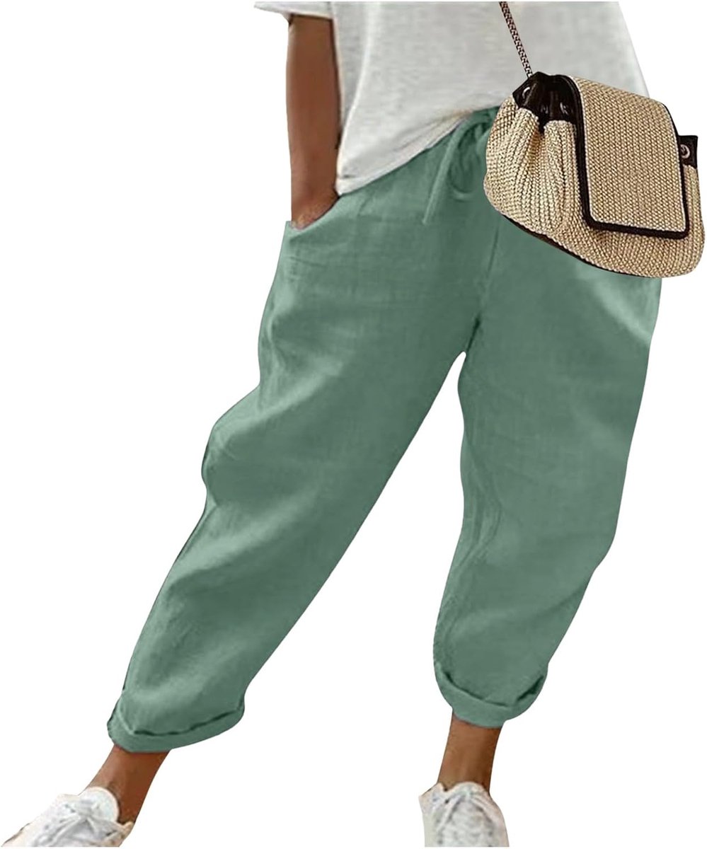 Linen damesbroek, zomer, knie lang, elastisch, hoge taille, blauw, casual
