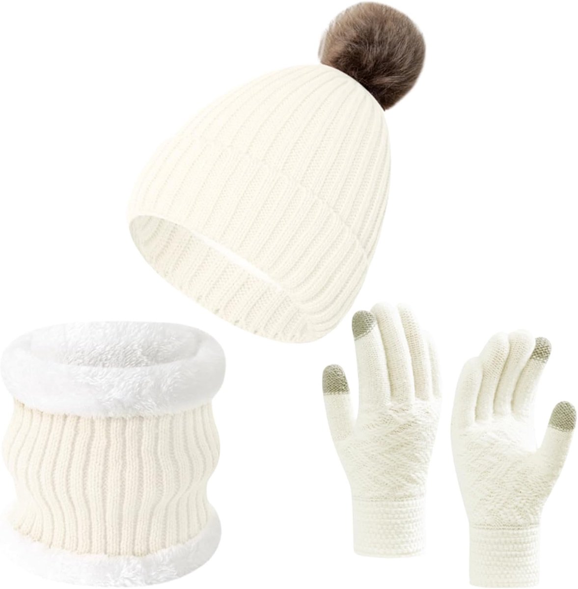 Set met hoedsjaalhandschoenen voor vrouwen, 3 stuks, warm gebreide muts, hoedhandschoenen, winter, dames, sjaal, halswarmer, 3-in-1 set voor koud weer