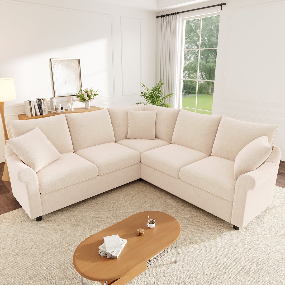 Zubaliya Moderne Hoekbank, L-Bank, 4-Zits Bank, L-vormige hoekbank van chenillestof, 5-zits bank voor woonkamer, 217x217x83cm, Beige