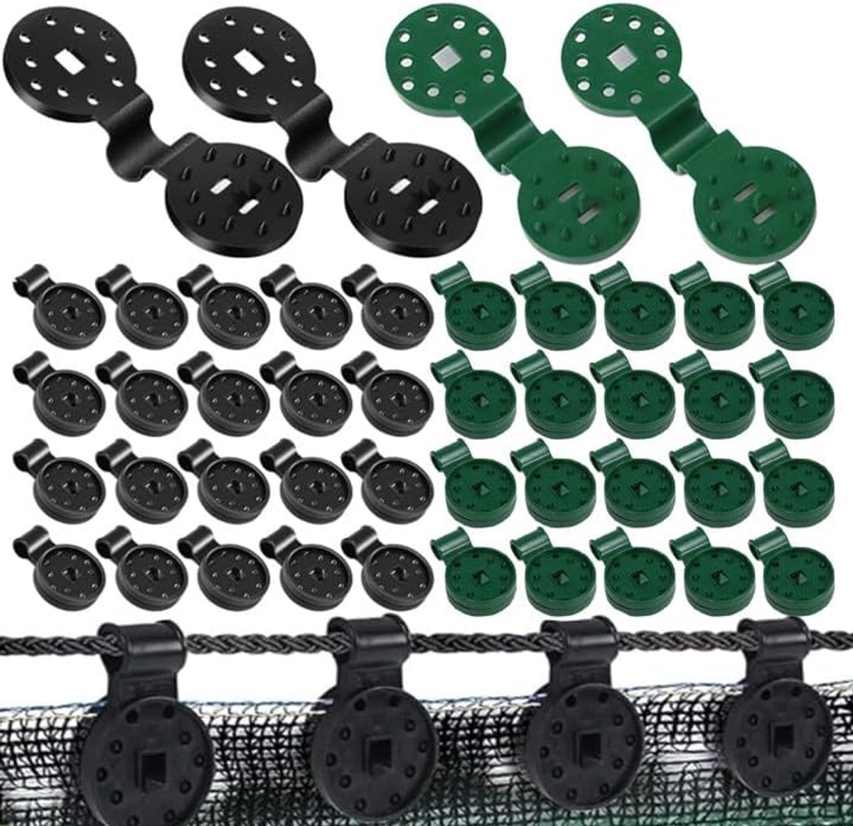 Clips voor zonnezeil, 100 stuks, kunststof clips voor beschermdoek, zonnezeil clips, bevestiging voor schaduwnet en beschermingsdoek, voor zwembad, planten, gazon, schaduw (zwart en groen)