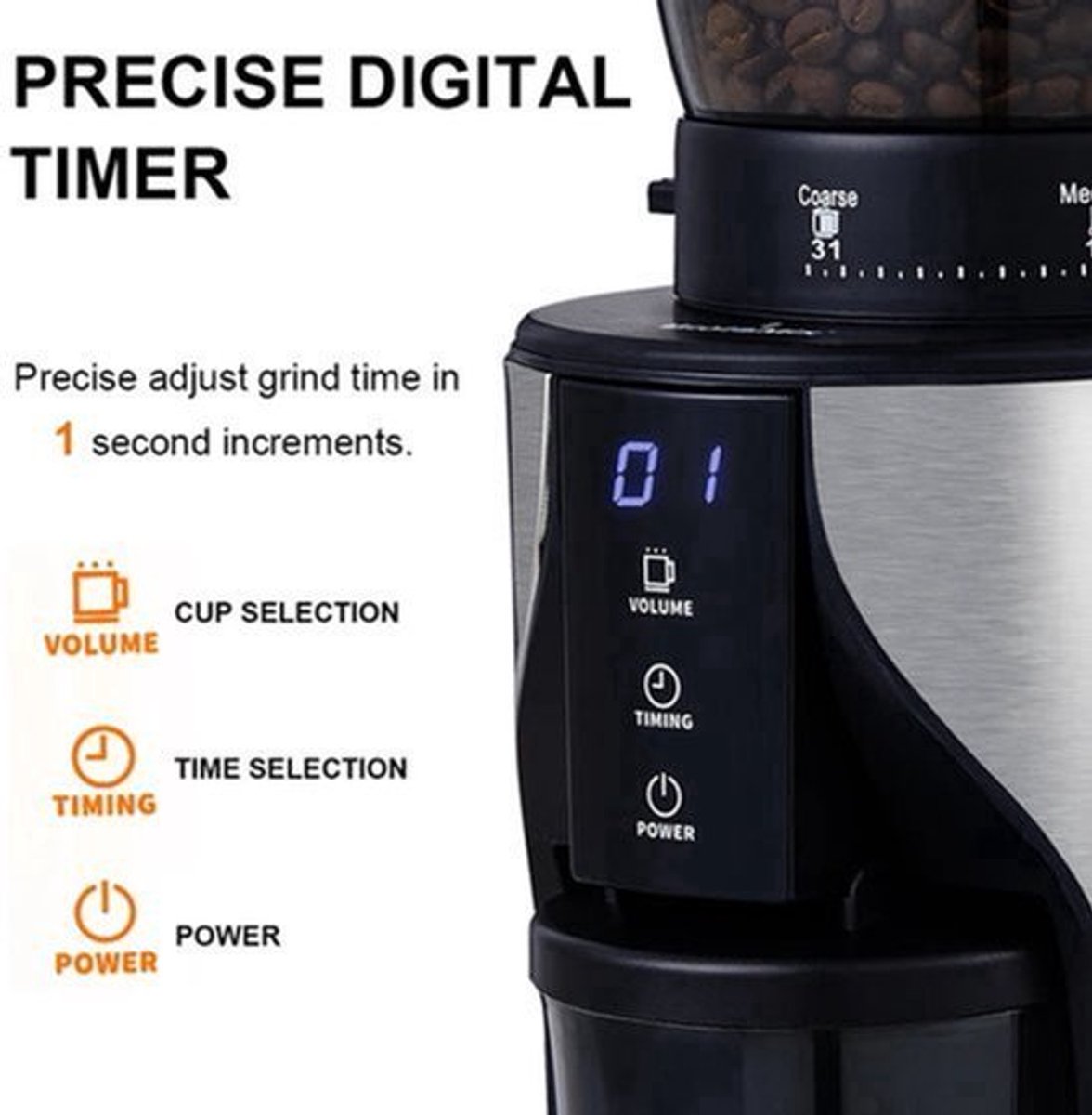 Koffiemolen – Koffiemolen Electrisch - Automatische Koffiemolen – 31 Maalinstellingen – 300W - with Timerfunctie – Espressomolen – Precisie Koffiemolen