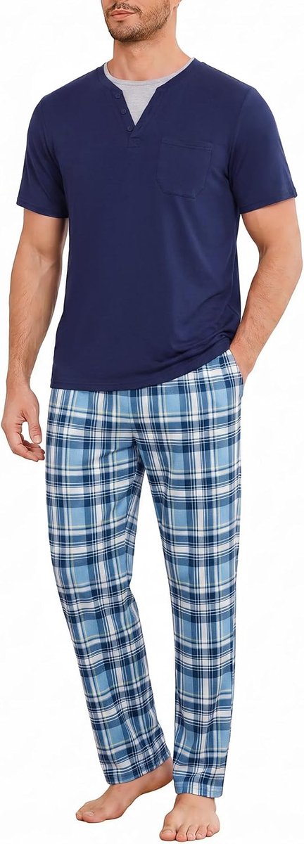 Pyjama voor heren, katoen, korte mouwen, lange broek met zakken
