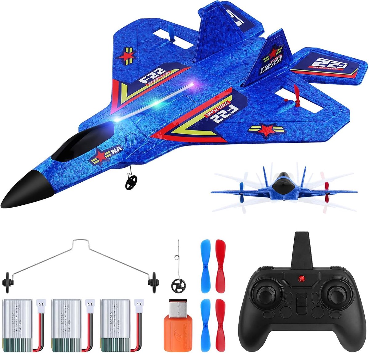 Vliegtuigen, 3CH Vliegtuig Vechter, 2,4 GHz FX22 RC Vliegtuig RTF voor Beginners Kinderen en Volwassenen, Vliegtuigspeelgoed met Gekleurde Lichten, USB-opladen(Blauw)