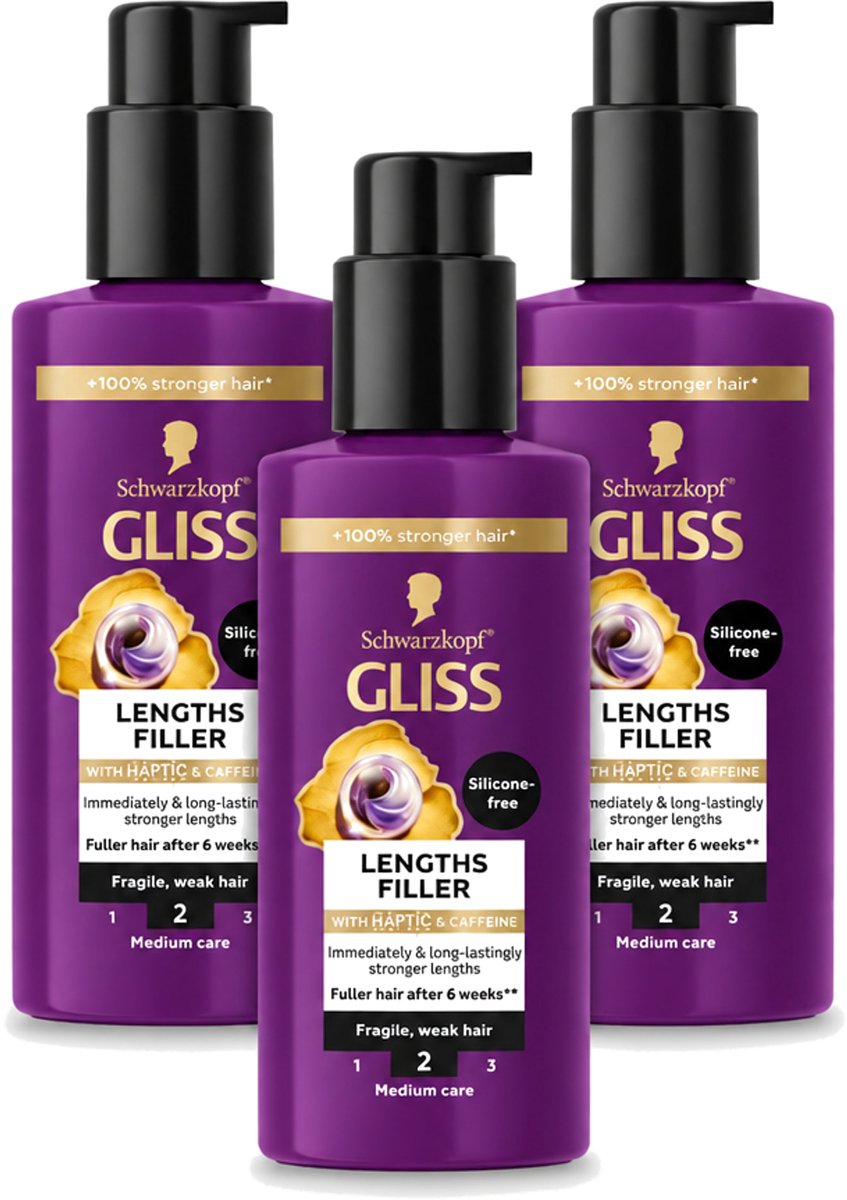 3 x Gliss - Haarserum - Lengths Filler - Siliconenvrij met Cafeïne - Voor Sterker Haar - 100 ml - Voordeelverpakking - 3 stuks