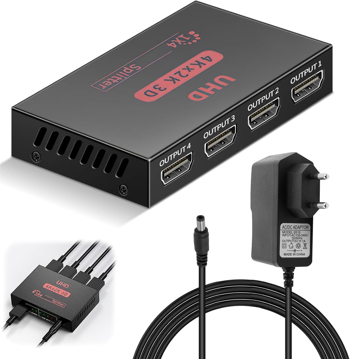 4K HDMI-splitter 1 in 4 Out, UHD verdeler voor tv, monitor, beamer, HDMI-splitter 1 ingang naar 4 uitgangen, meervoudige stekker, schakelaar, geschikt voor PS4, Xbox, Blu-ray & meer