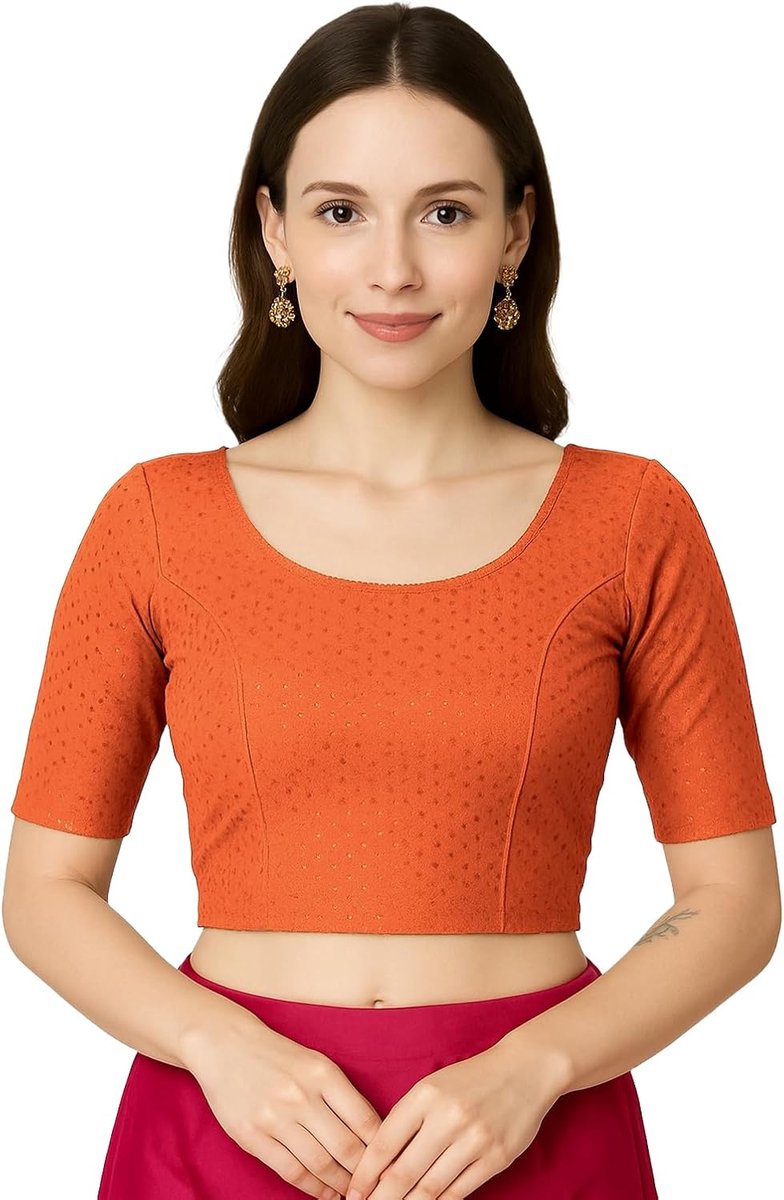 Fashion Kant-en-klare sari-blouse met ronde hals, gemaakt van katoenen lycra met een subtiel geweven patroon en met 3/4-mouwen