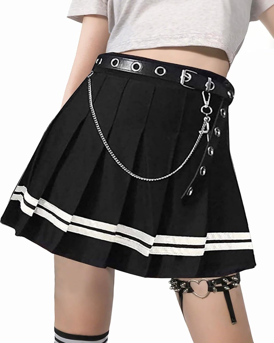 Minirok voor dames, zwart, plooirok, gothic, kleding, mini-rok, zomerrok met riem en ketting