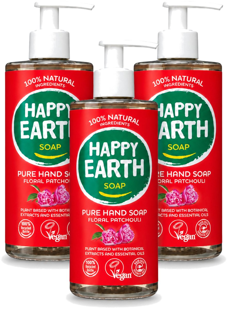 3 x Happy Earth – Handzeep – 100% Natuurlijk Floral Patchouli – 300 ml - Voordeelverpakking - 3 stuks