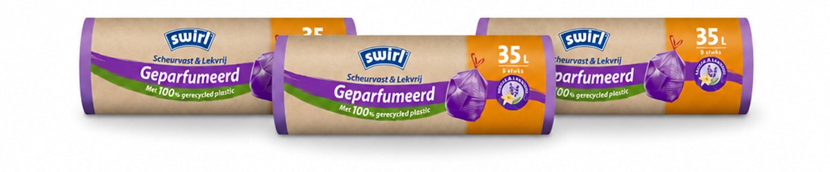 3 x Swirl – Pedaalemmerzakken – Trekband Geparfumeerd Vanille & Lavendel – 35 L – 9 zakken - Bulkverpakking - 3 stuks