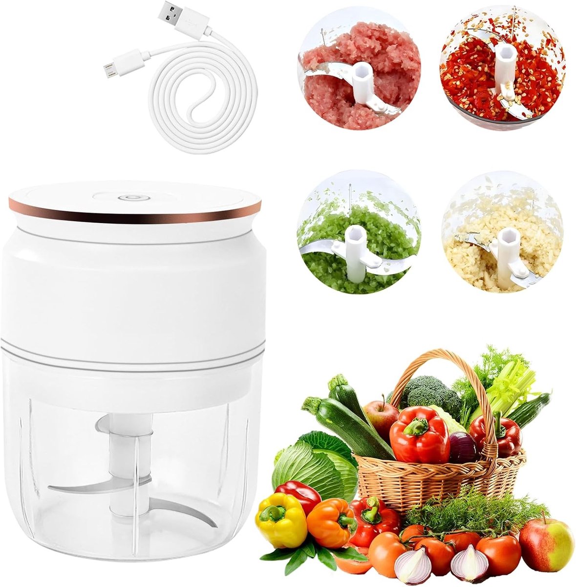 Draadloze elektrische uien- en groentecutter, multifunctionele hakker voor vlees, knoflook en fruit, 300 ml, oplaadbaar met kabel