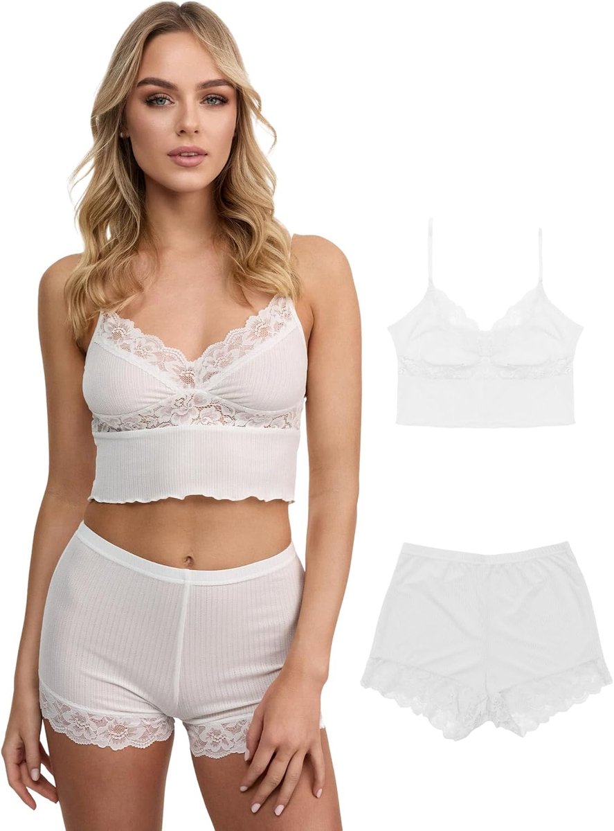 Dames nachtkleding set (2-delig) onderhemd en panty, kanten details, RIPP-look F921