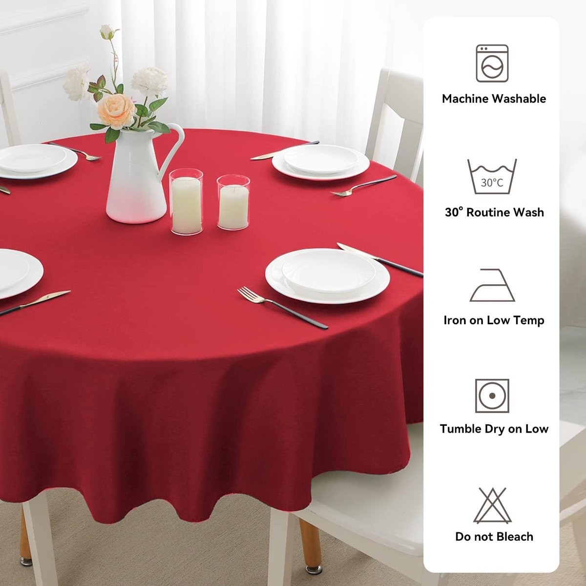 Rond tafelkleed rood afveegbaar, 160 cm kerstmis, waterdicht, vlekbestendig, wasbare tafelkleden, kreukvrij polyester tafelkleed voor Kerstmis, keuken, eetkamer, feest, bruiloft, 160 cm