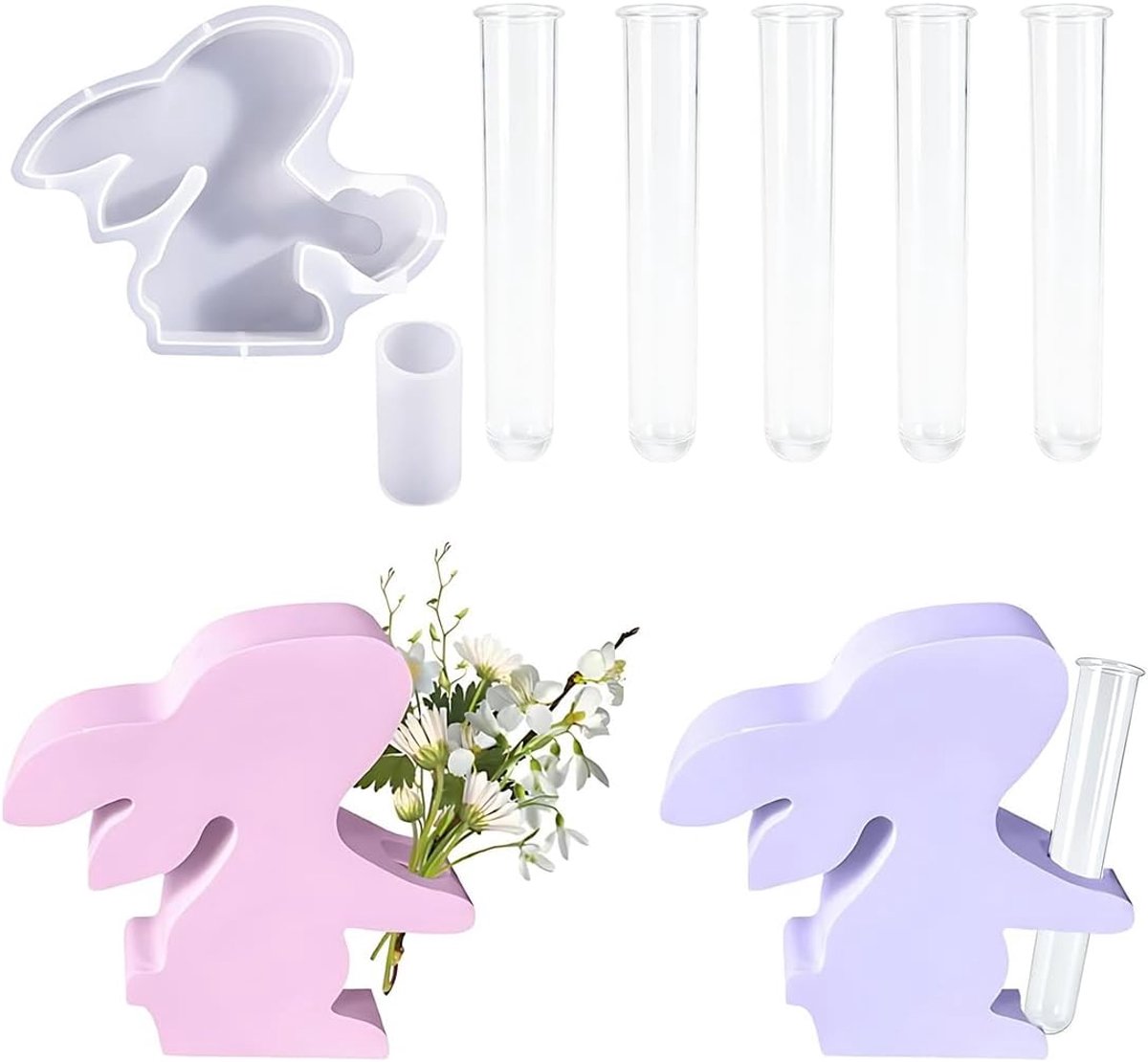 Vorm, 1 + 5 reageerbuisjes, Pasen, epoxyharsvorm, vaas, vermeerderingsstation voor planten, conservering van bloemen, hazenvorm, paascadeau