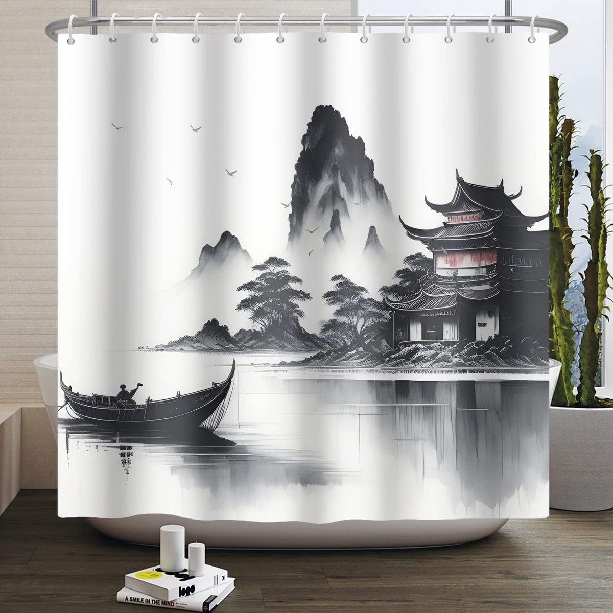 120x180cm Japanse Aziatische inkt schilderij douchegordijn mistig bergboot wilde gans badkuip gordijn buiten natuurlijk landschap bad gordijn voor badkamer decor polyester met haken