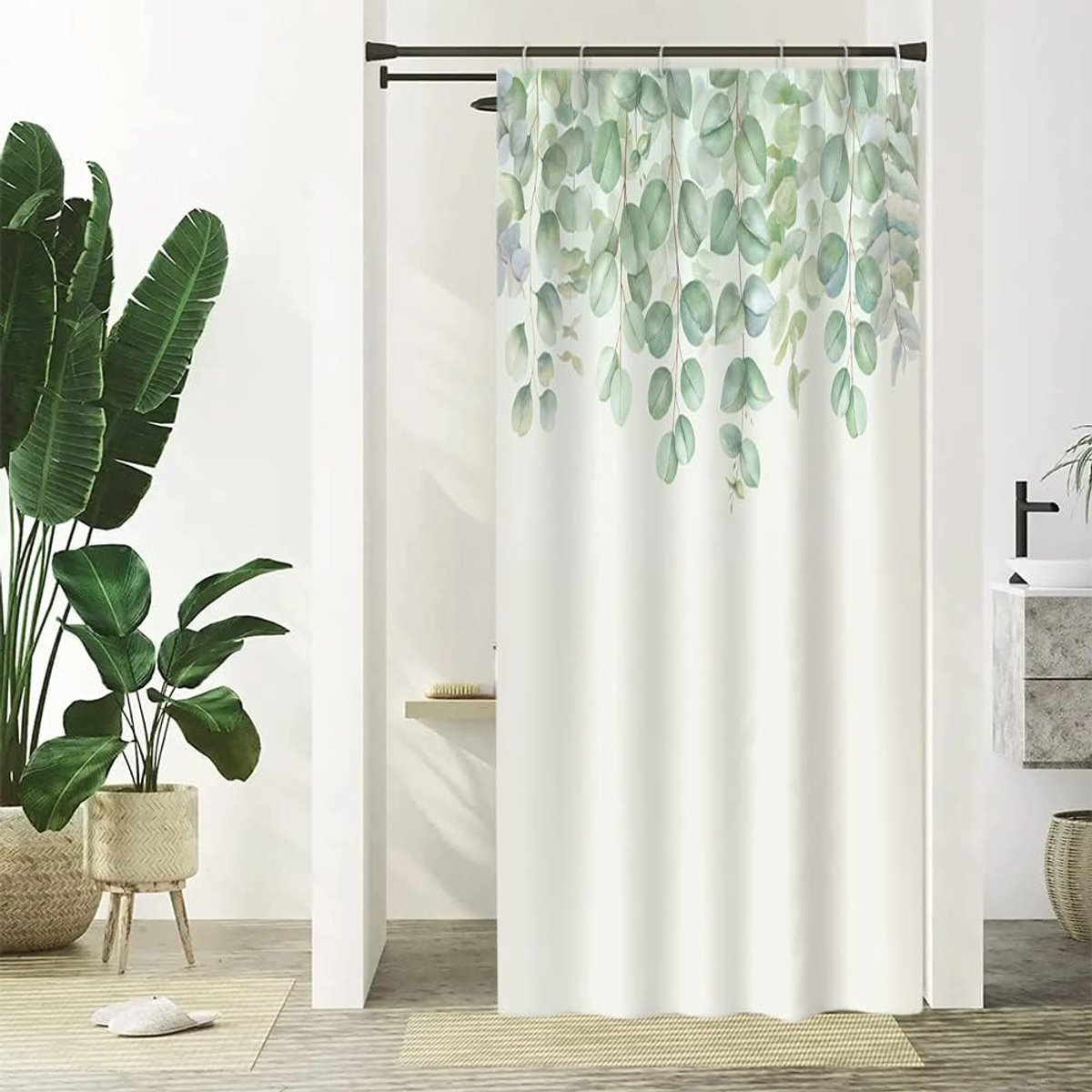 Douchegordijn, eucalyptus, groen, smal, aquarelbladeren, anti-schimmel, waterdicht, polyesterstof, wasbaar, ondoorzichtig, badgordijn met 6 haken voor badkamer, 90 x 180 cm (b x h)
