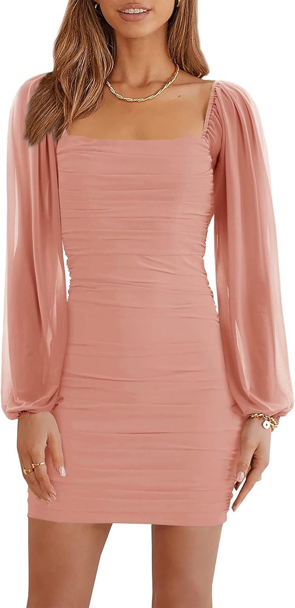 Mini-jurk voor dames, mesh, lange mouwen, vierkante hals, ruches, party, club, cocktail, bodycon