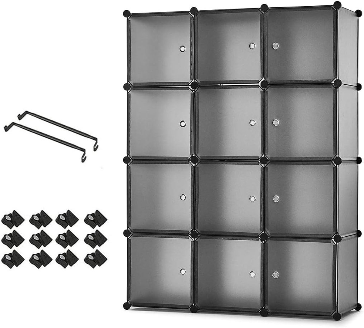 Draagbare kledingkast, opbergrek, modulaire opbergkubus van kunststof van stabiel metaal, speelgoed (doorschijnend grijs, 12 kubussen)
