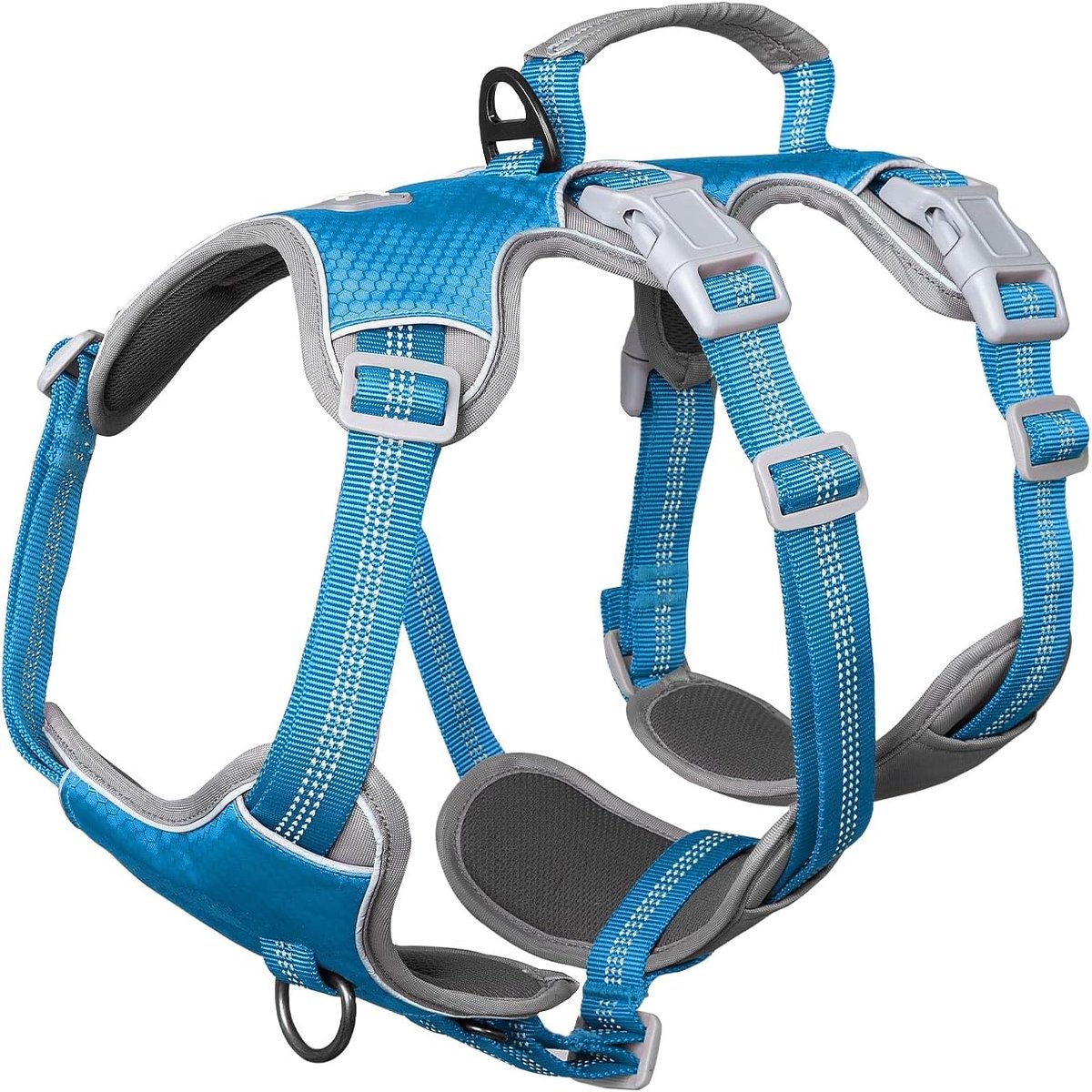 Ontsnappingsbestendig Harnas voor Honden, Geen Trek Hondenharnas voor Grote Honden met Handvat, Reflecterend, Ademend, Duurzaam, Verstelbaar Vest voor Wandelen, Hardloopuitrusting (Blauw, L)