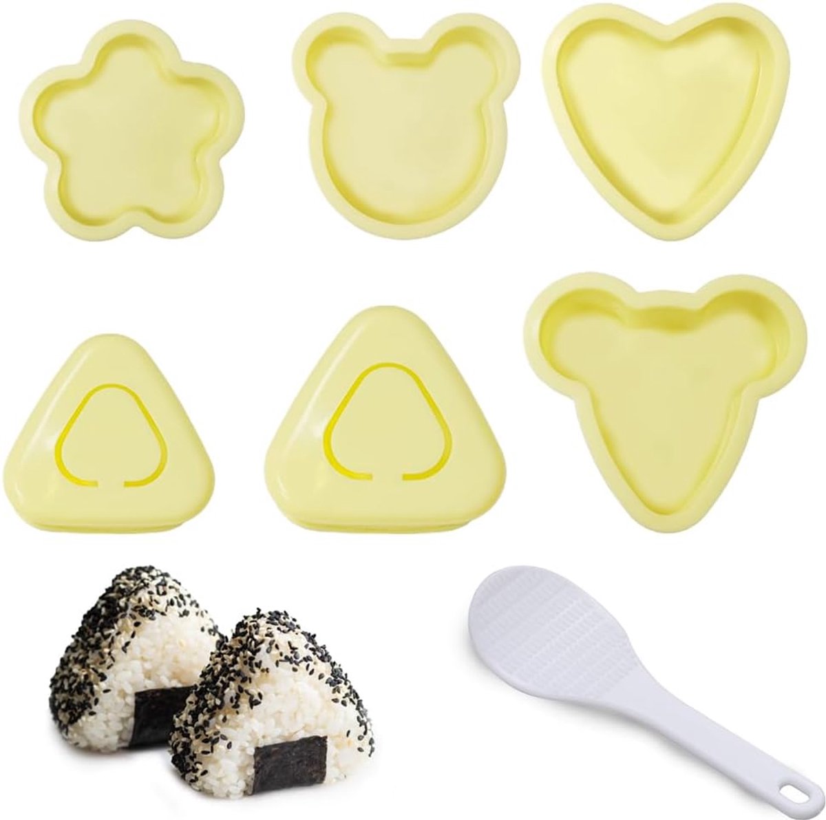 7-delige onigiri-vorm, onigiri-maker, sushi-vorm, groot, geschikt voor Nori-bladeren, algenbladeren, onigiri-set met 1 rijstlepel, voor familierestaurants, camping