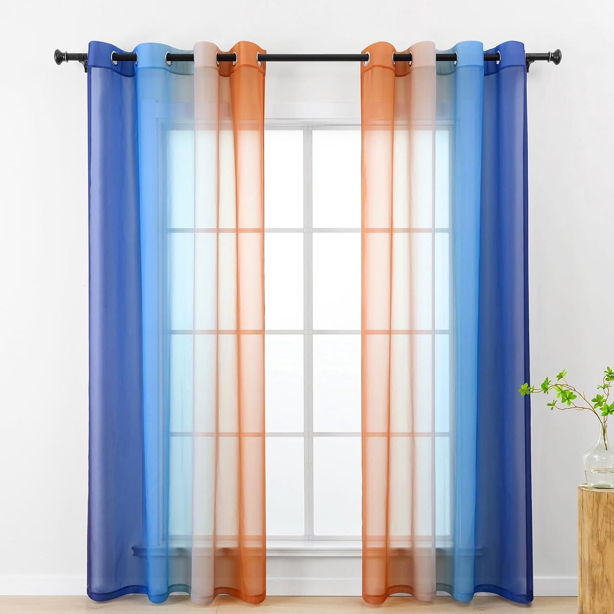 Gordijnen donkerblauw roestbruin, gordijn met kleurverloop voor woonkamer slaapkamer raam, transparant doorzichtig met oogjes, set van 2 voile 140 x 225 cm kort (LZE2220E-NO225)