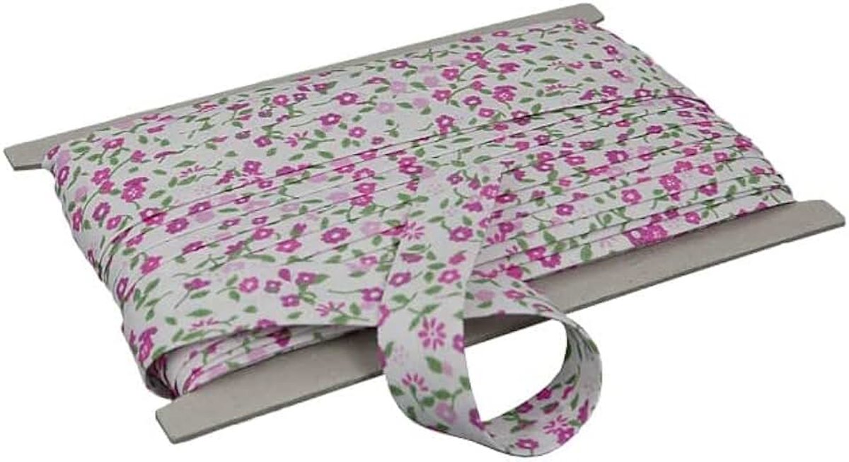 Biaisband / rand naadband 100% katoen biaisband 18 mm gevouwen (wit/bloemen (161))