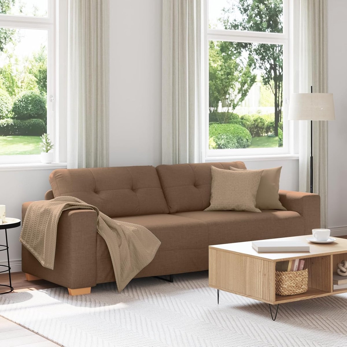 Eigentijdse 3-zitsbank, 180 cm, in bruin met stoffen bekleding, elegant gestoffeerde meubels voor woonkamer met hoogwaardige polyester bekleding, stabiele houten lijst