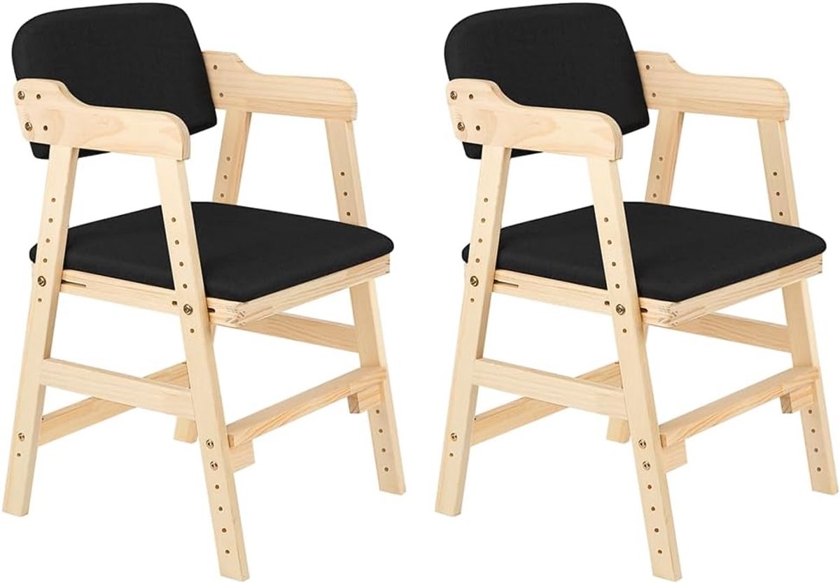 Kinderstoel, in hoogte verstelbare houten kinderstoel voor kinderen van 2 tot 15 jaar, beukenhout, kinderstoel, leerstoel groeit met de baby, om te eten en te leren (zwart-2 stuks)
