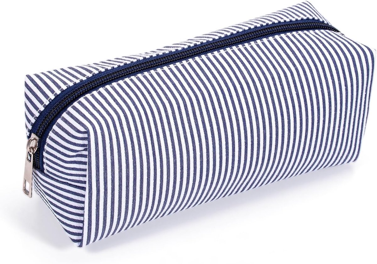 Potlood Case Meisjes School Katoen Potlood Gevallen Gestreepte Make Up Organiseren, Donkerblauw, Schattig etui
