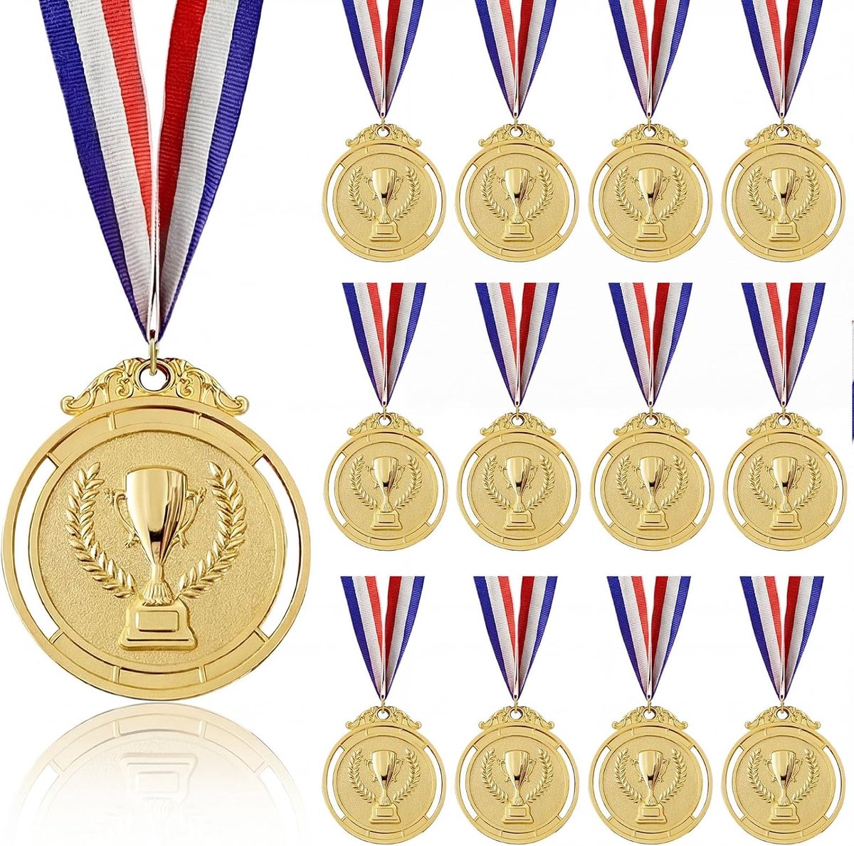 Set van 12 gouden medailles van metaal met lint voor kinderen en volwassenen, 5 cm diameter