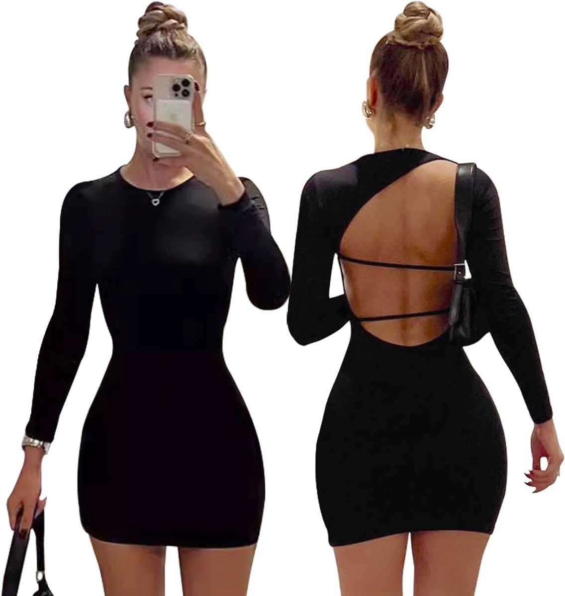 damesjurk, blote rug, korte jurk, nauwsluitend, ronde hals, bodycon-jurk, elegant, lange mouwen, mini-jurk, avondjurk, heupjurk, cocktailjurk, feestjurk