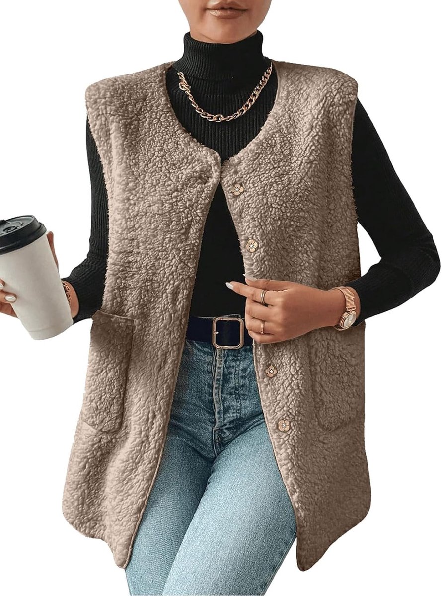 Lange fleecevest voor dames, winter, warm, mouwloos, sherpa, teddy, vest met V-hals, effen bontvest met knopen, licht jack, vest met zakken