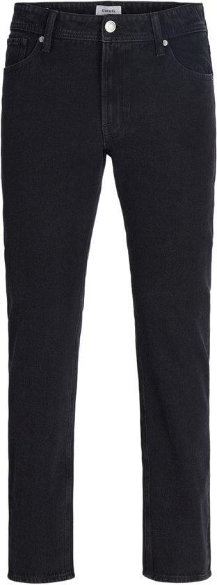 Donkergrijze jeans met zakken en label.