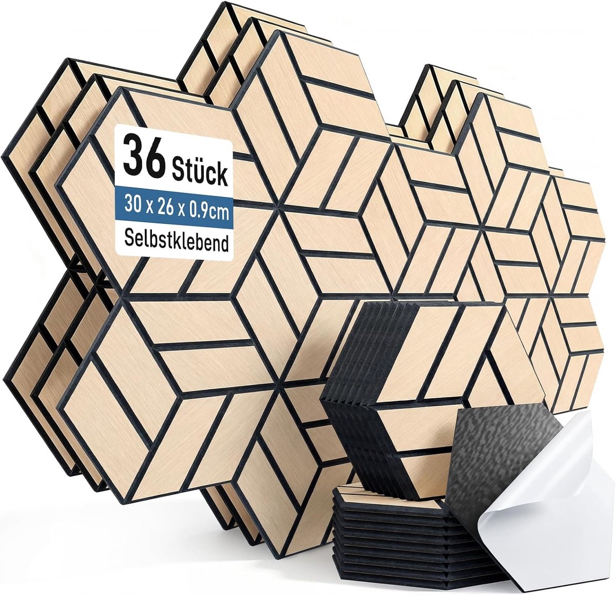 36 stuks zeshoekige akoestische platen, zelfklevend, 30 x 26 x 0,9 cm, geluidsisolatieplaten met hoge dichtheid, voor studio, kantoor, akoestische behandeling en gamingdecoratie, eiken