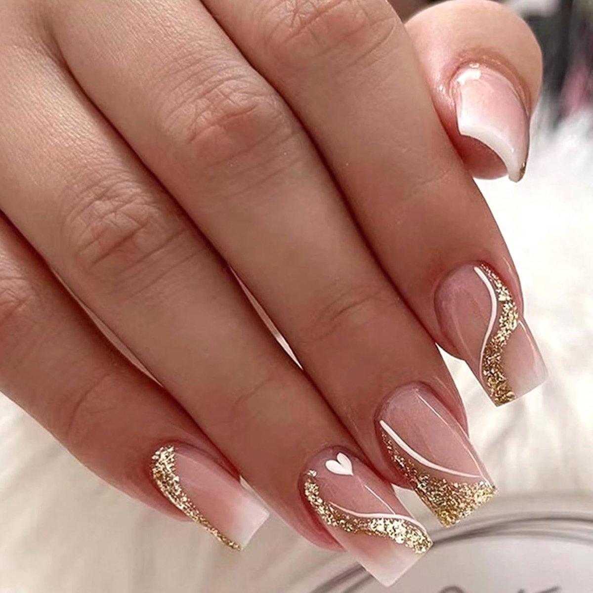 24 stuks press-on nagels, vierkant, medium, Franse nagels, om op te plakken, nude, roze, kleurverloop, acryl, natuurlijke gouden glitter, kunstnagels voor vrouwen en meisjes, nail art