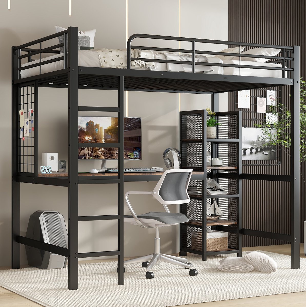 WUVRIE Hoogslaper 90x200 cm met bureau, opbergvakken, ladder en uitvalbeveiliging, zwart/donker walnoot