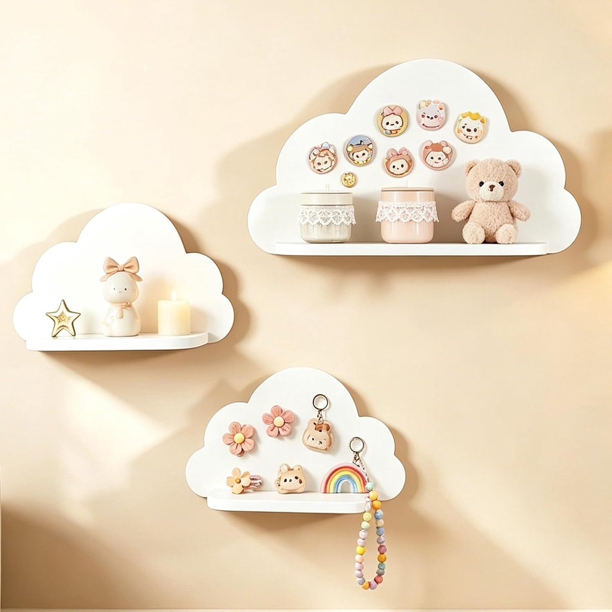 Planken, wolk, schattig, opslag voor babykamer, kinderkamer, jongens en meisjes, voor boeken, speelgoed, figuren, hout, wit
