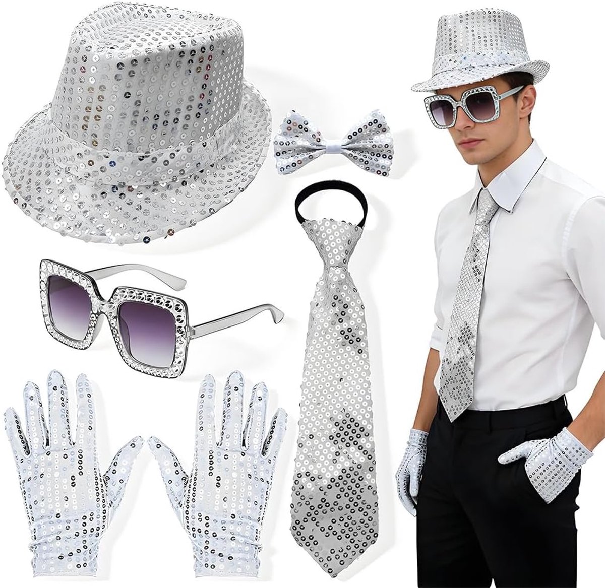 5 stuks jaren 70 discokostuum accessoireset met pailletten hoed, vlinderdas, stropdas, handschoenen, glitter zonnebril, retro jaren '70 disco accessoires kit voor jaren 70-party carnaval