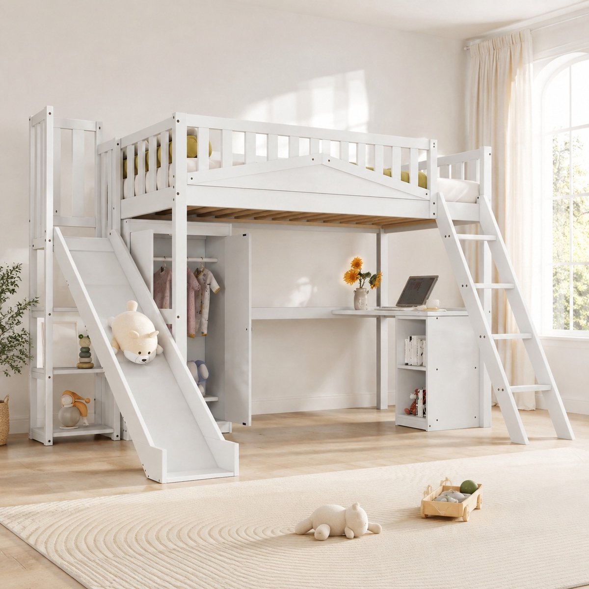 WUVRIE Stapelbed 90x200 cm met glijbaan, bureau, kledingkast en veiligheidshekken, wit