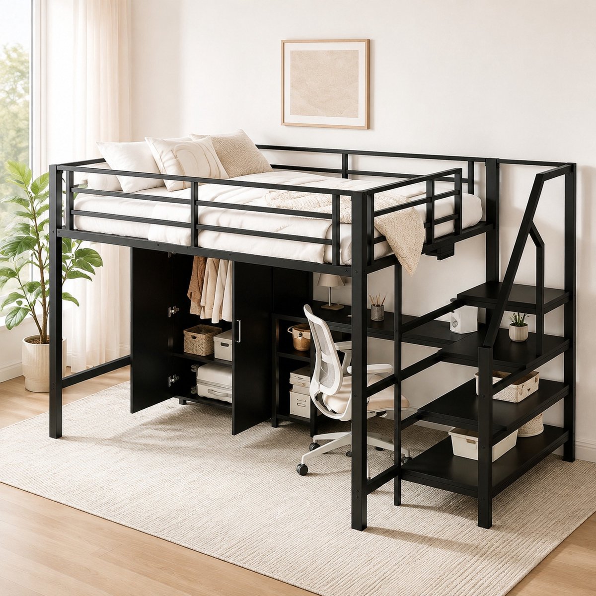 WUVRIE Hoogslaper 140x200 cm met bureau, kledingkast, opbergrekken en trap, zwart