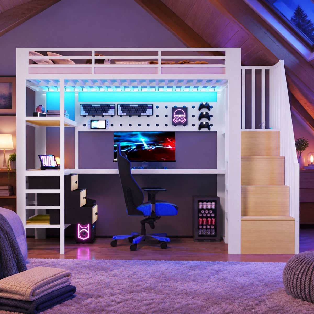 WUVRIE Hoogslaper 90x200 cm van metaal en MDF met bureau, 3 lades, ledverlichting en stopcontact, wit