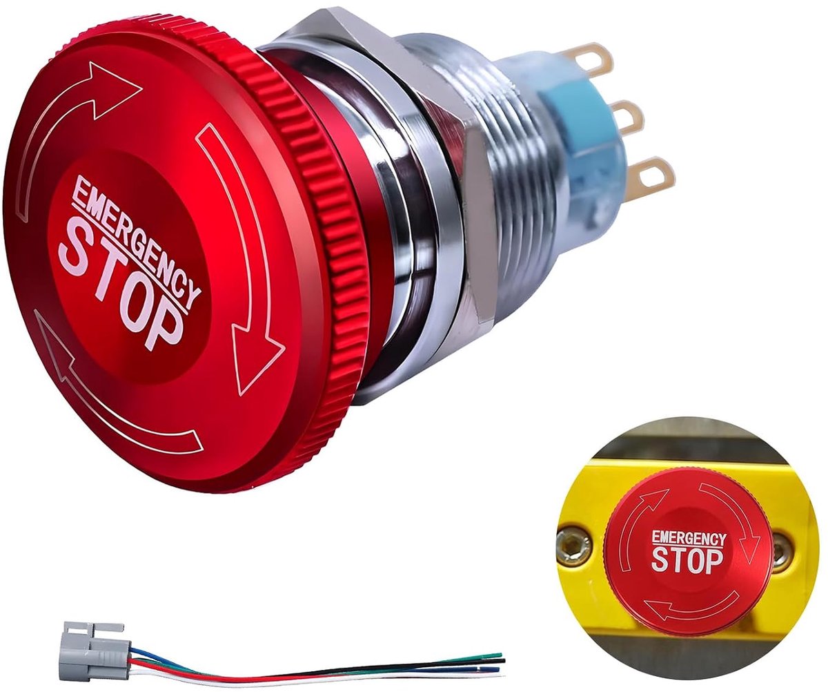 22 mm noodstopschakelaar, startstop-motor, drukknop voor noodstop van metaal van roestvrij staal, 12-250 V, 3 A, 1NO 1NC met aansluitstekker