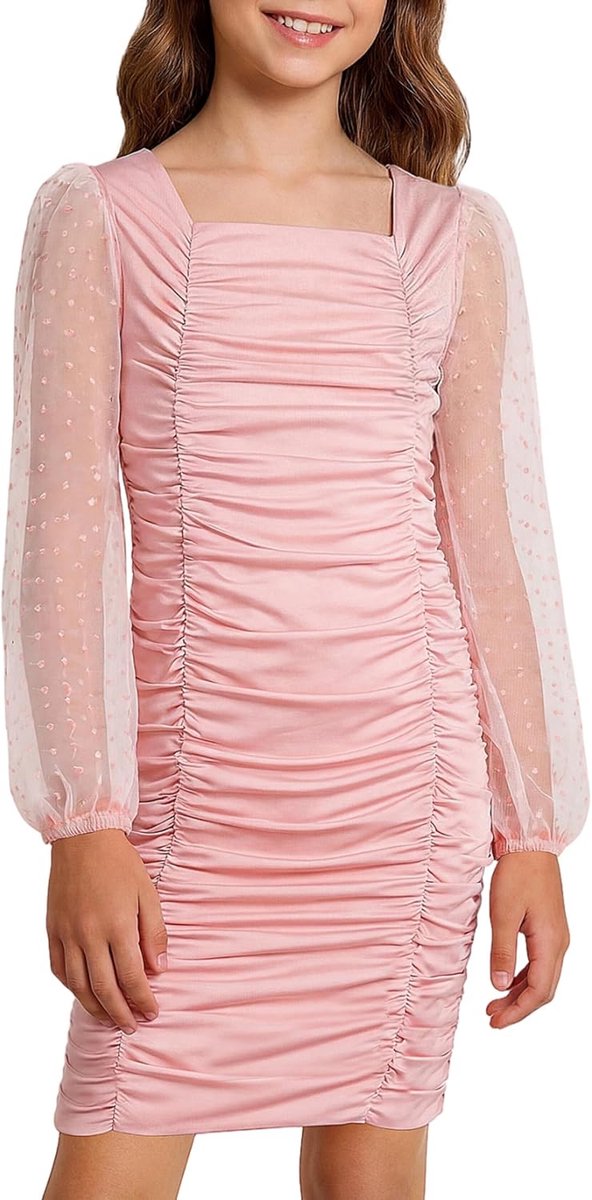 Bodycon jurk voor meisjes, tieners, satijn, lange mouwen, pofmouwen, vierkante kraag, elegante mini-jurk met ruches