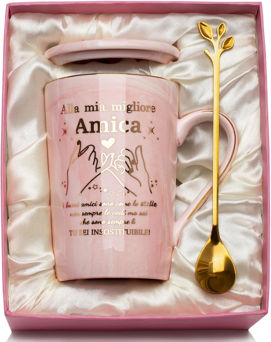 Cadeau voor vrienden, cadeau voor vriendin, verjaardag, cadeaus voor beste vriendin, 350 ml marmeren keramische mok, cadeau-ideeën voor vrienden, cadeau voor beste vriendin, verjaardag, met deksel,