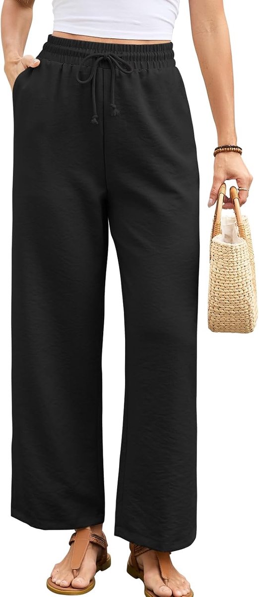 Linnen Broek Casual Broek Elastische Taille Met Zakken Brede Pijpen Broek Dames Lichtgewicht Zomer