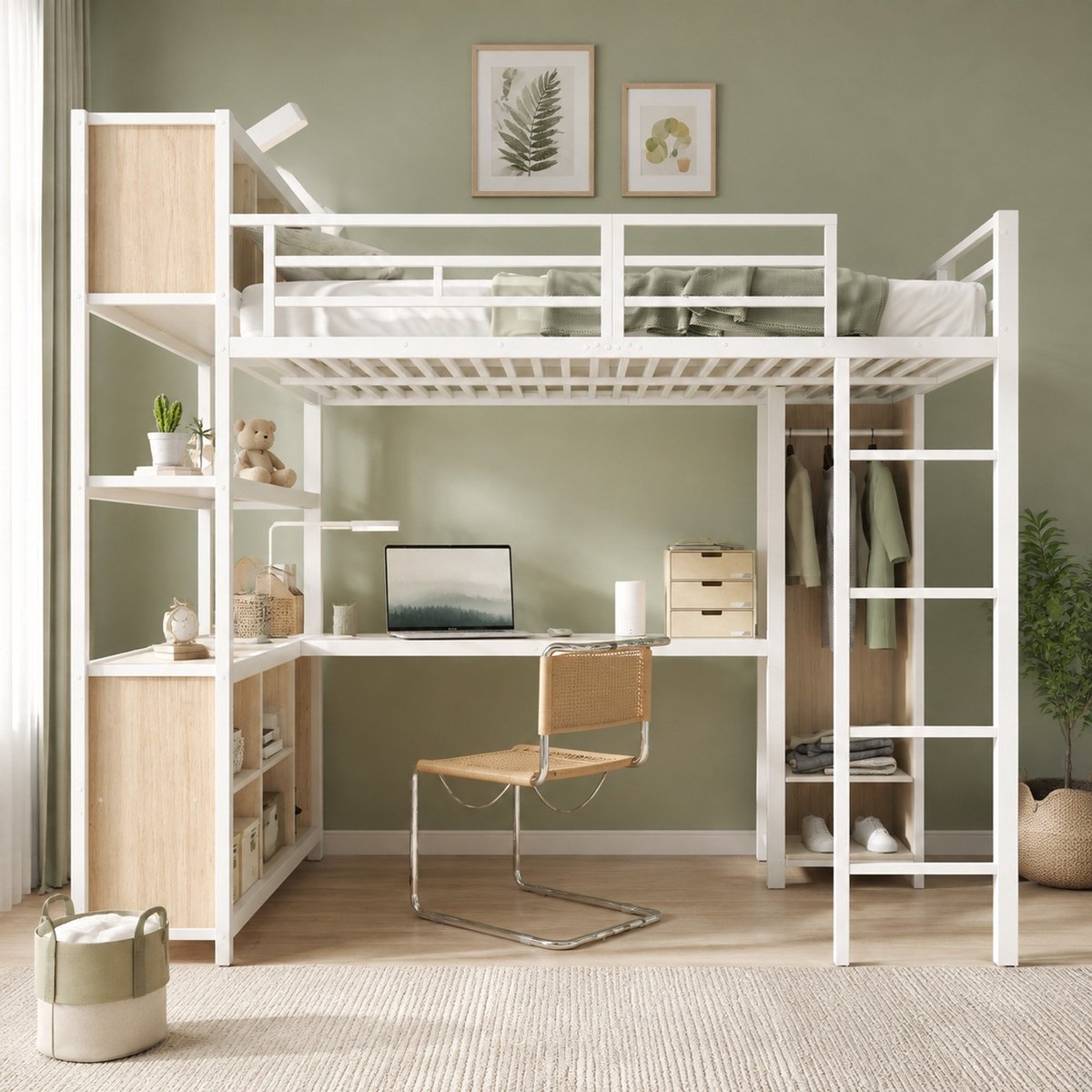 WUVRIE Hoogslaper 140x200 cm met bureau, kledingkast en opbergruimte, wit/naturel