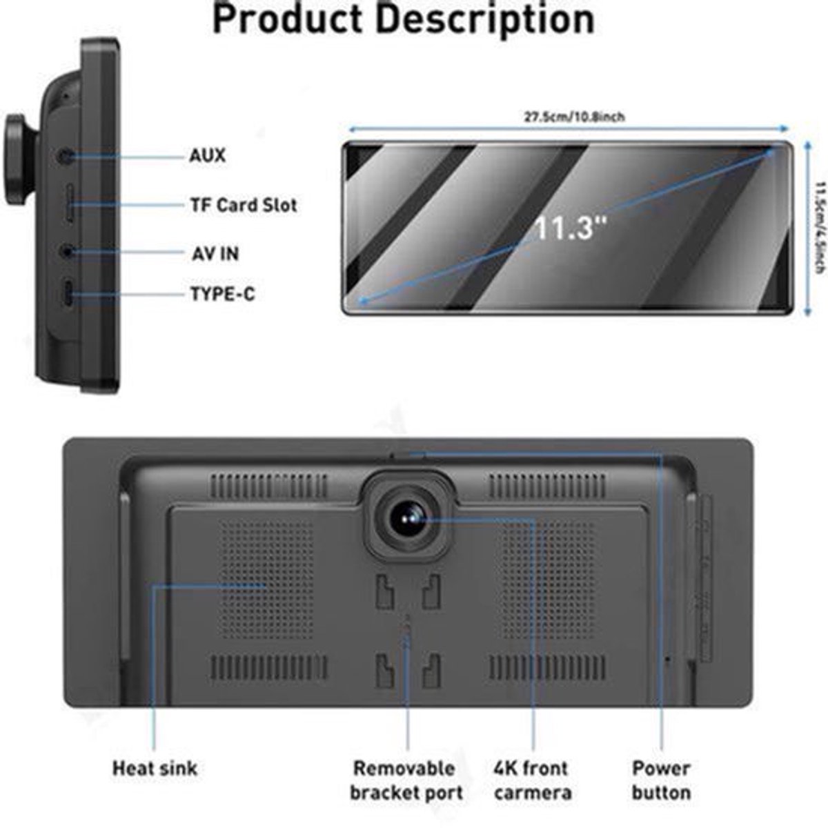 Navigatiesysteem Auto - Dashcam voor auto - GPS Navigatie - Draadloze - 4K DVR - Bluetooth Audio - ADAS Systeem - 11,3" - Achteruitrijcamera