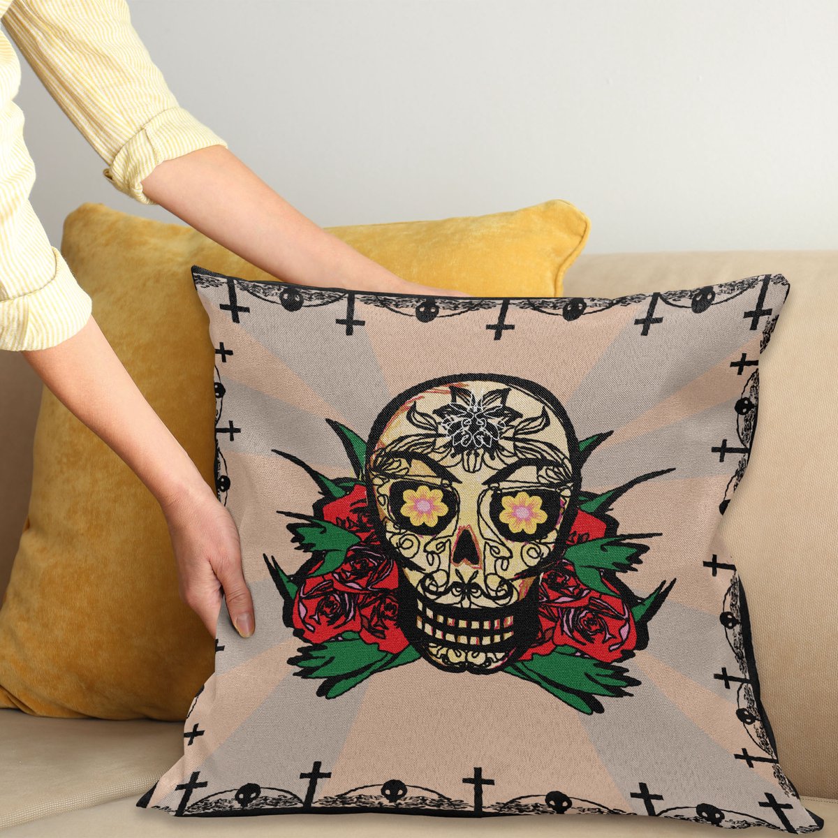 ABAKUHAUS Mexican Sierkussenhoes, Romantisch Sugar Schedel met Rood Roos en Spooky Halloween Horror Mystic Thema Afbeelding, Decoratieve Vierkante Sierkussenhoes, 50 x 50 cm, Zwart Rood