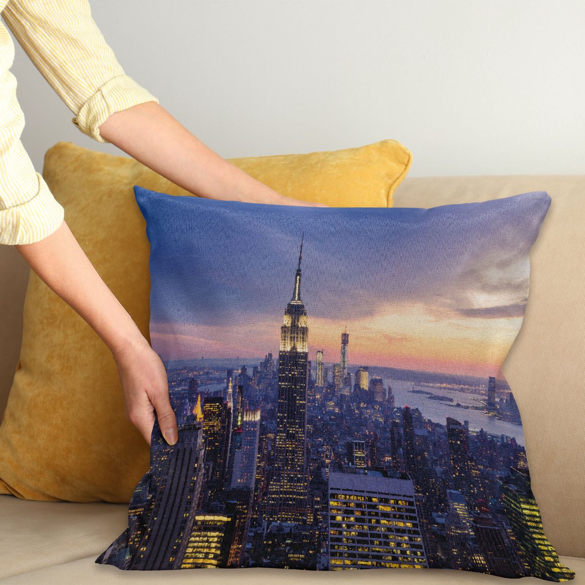 ABAKUHAUS Modern Sierkussenhoes, Nieuw York Stad Skyline met Skyscrapers at Sunset Nacht Amerikaans Urban Leven Afbeelding, Decoratieve Vierkante Sierkussenhoes, 50 x 50 cm, Blauw Oranje
