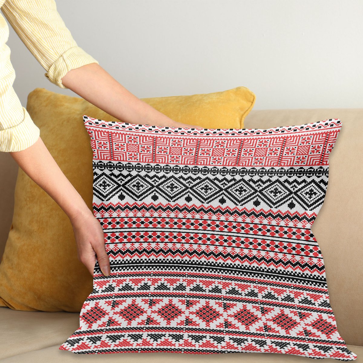 ABAKUHAUS Aztec Sierkussenhoes, Authentic Mexican Motieven Geometrical en Bloemen Elementen Inca Aztec Folkloric, Decoratieve Vierkante Sierkussenhoes, 45 x 45 cm, Rood Zwart